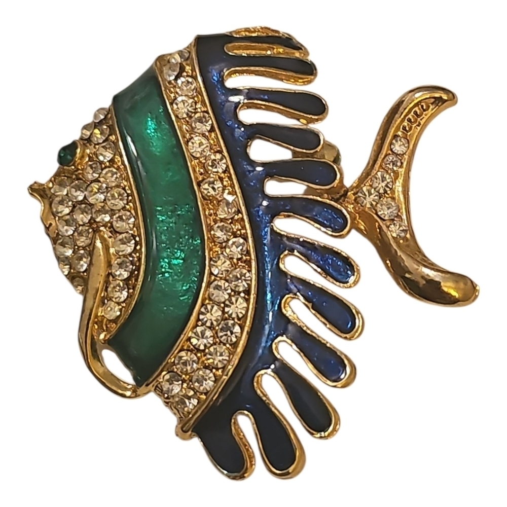 Tropical Fish Rhinestone Brooch Pin Enamel Green Black Vintage 2"